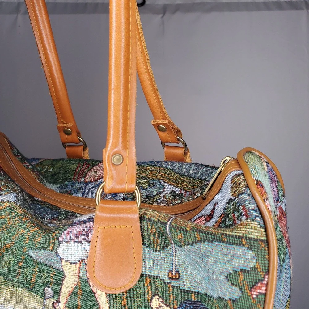 Tapestry Purse Handbag Golf Scene Sporty Vintage 2-Handle Zipper